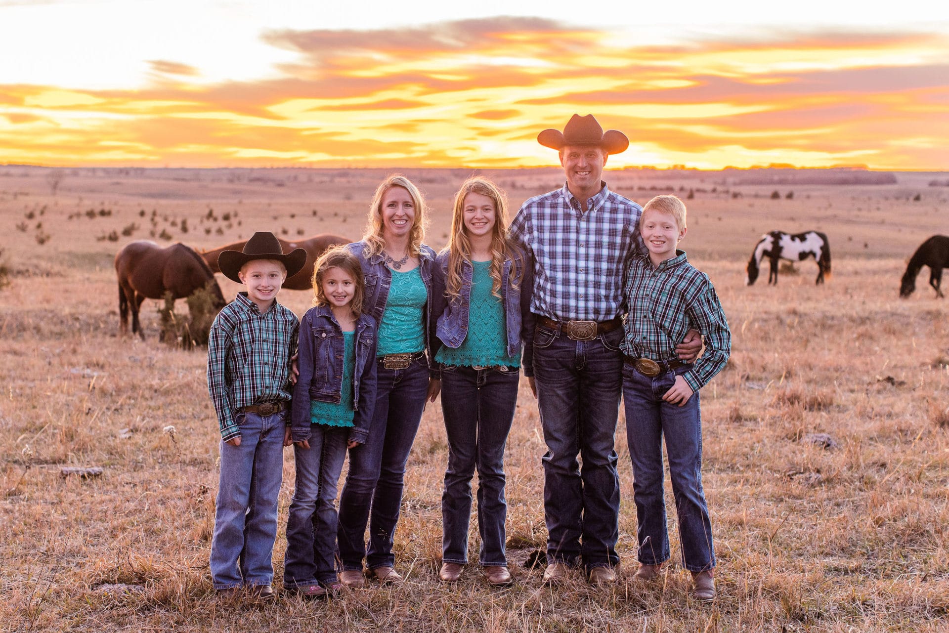 The entire Schnuelle family is part of the farm’s regenerative journey. Picture here from left to right is Carsten (9), Charity (7), wife Connie, Claire (10) Ben and Caleb (11).